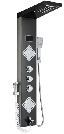 Duschpaneel Hevenaov LED Duschpaneel mit Armatur mit 6 Funktionen, Duschsystem aus Schwarz und Gebürstetes Nickel Edelstahl Regendusche Multifunktionale Duschpaneele für Bäder