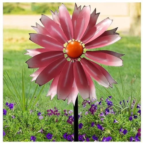 Moulin à vent en métal de 150 cm, grand moulin à vent de jardin pour cour et jardin, rose