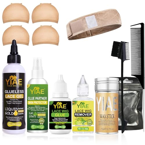 YIAE colle perruque lace wig set de luxe, colle perruques à tenue extrême et glueless lace gel à tenue temporaire, Set d'accessoires pour perruques avec bâton de cire cheveux, peau et protège-doigts
