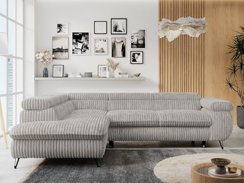 MKS MEBLE Ecksofa Cord Sofa Grau, Wohnlandschaft L-Form mit Schlaffunktion und Bettkasten, Schlafsofa mit Bettkasten, Sofa mit Einstellbare Kopfstützen, Peter L - Hellgrau Cord - Links Grau