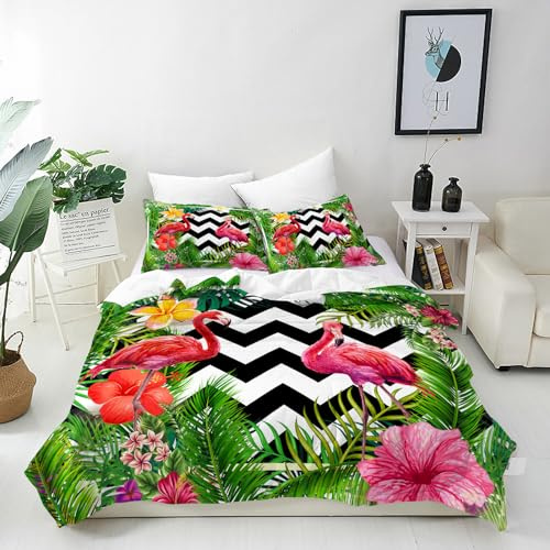 ANHOPE Tropisch Flamingo Blume Blatt Bettwäsche Set 2 Teilig Weich Bettbezug 135x200 cm & Kissenbezug 80x80 cm Microfaser Bettbezüge Set mit Reißverschluss Bettdeckenbezug für Kinder Mädchen