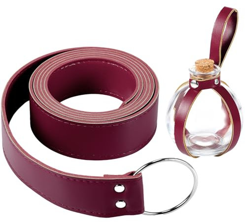 Boao Potion Bottles with Cork Set Dark Magic Cork Round Potion Bottle with Leather Belt Clear Glass Bottle Large Bottle for Halloween Costume Props DIY Crafts and Decorative Bottles, 200 ml(Claret)