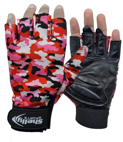 Shelly Rollstuhlhandschuhe, echtes Leder, Handflächenhandschuhe, gepolsterte Handschuhe, atmungsaktiv, fingerlose Fahrradhandschuhe mit rutschfestem Griff, leichte Fahrradhandschuhe (Camouflage-Pink,