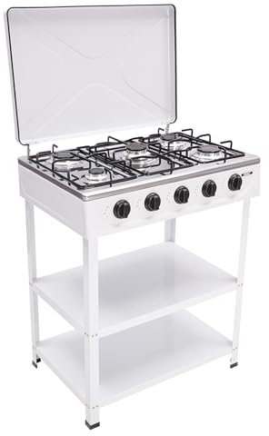 Réchaud à gaz avec 5 brûleurs, cuisinière sur pied avec couvercle et deux étagères, four multifonction pour les activités de plein air comme le camping, la pêche, les voyages
