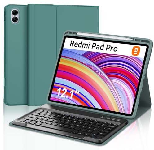 IVEOPPE Funda para Redmi Pad Pro 12.1 con Teclado, Teclado para Xiaomi Poco Pad 12.1 Pulgadas 2024, Cover Teclado Español Ñ Desmontable Bluetooth para Xiaomi Redmi Pad Pro 12.1 2024, Verde Oscuro