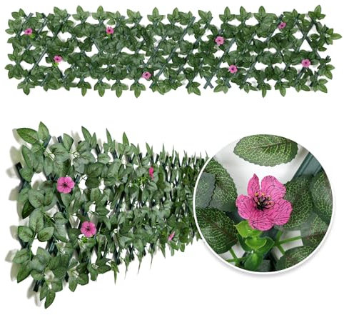 Expanding Garden Trellis Panels Expandable Garden Fence Screening with Flower | Expandable Fence Privacy Screen | Faux Ivy Privacy Screen | Garden Greenery | Balcony - 200x30cm (Rose Pink Flower)