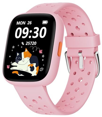 BIGGERFIVE Montre Enfant Non Connectée ou Connectée Librement, 1,8 Smartwatch Podomètre, Cardiofrequencemètre, IP68 Étanche, Moniteur de Sommeil, Jeux de Puzzle pour Filles Ados 5-16, Rose