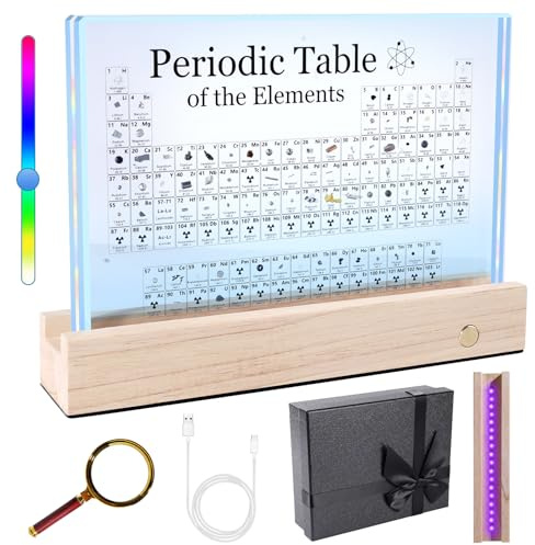 Rafecs Periodensystem mit echten Elementen im Inneren, großes Acryl-Periodensystem mit 83 echten Proben und 7 bunten LED-Lichtern, Chemie-Geschenke für Studenten, Kinder, Lehrer und
