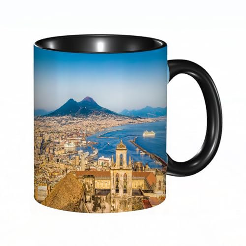 reyawdf Tazza Mug in Ceramica Personalizzata,Città di Napoli con il Vesuvio al tramont,11oz/330ml, Resistente al Calore, Adatta a Lavastoviglie Idea Regalo Divertente per Colazioni, Compleanni, Natale