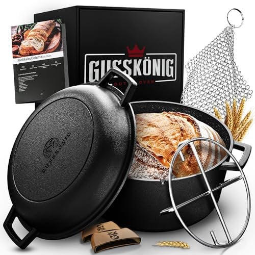GUSSKÖNIG 2in1 Gusseisen Brotbackform – Eingebrannter Gusseisen Topf Brot Backen 4,8L & Grillpfanne 1,8L – Brotbackform, Brotbacktopf, Brottopf, Brotbackform mit Deckel, inkl. Kochbuch & Zubehör