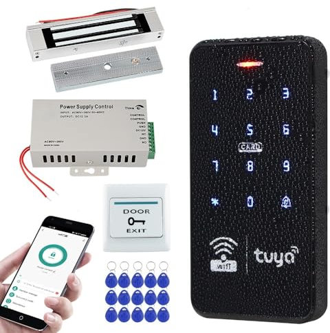 ReaIOKbii Tuya - Kit de sistema de control de acceso impermeable para exteriores, inalámbrico, WiFi, RFID, teclado de contraseña, controlador de retroiluminación táctil + 15 llaveros de 125 kHz +