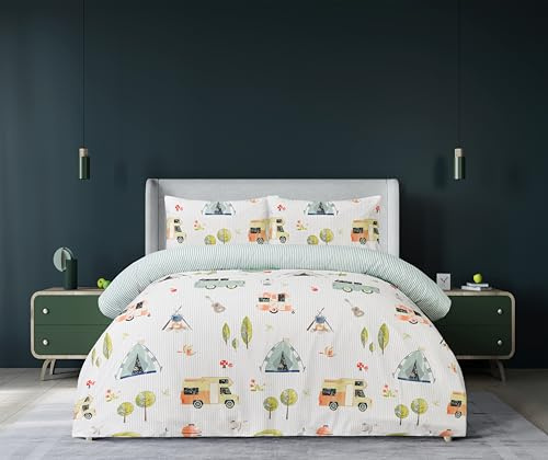 Sleepdown Reversible Camping Retreal Complete set -100% Polyester Microfibre, Super Soft, Green Colour Duvet Cover and 2 Pillowcase – 3 Pcs Bedding Set (King, 230 x 220 cm)