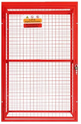 Gas Bottle Cage 181 x 116 x 57cm Collapsible Red Mesh Secure Lockable Storage Powder Coated Steel 3mm Wire Thickness 6 x 19kg / 2 x 47kg Cylinder Bottles Removable Shelf Warning Sign Padlock & Keys