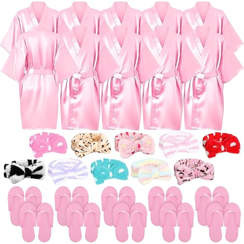 30 Pcs Spa Party Supplies for Girls Include 10 Silk Satin Kimono Robe 10 Soft Spa Headbands 10 Pink Foam Slippers for Kid Girl Salon Party Supplies Sleepover Gift (UK, Numeric, 150, Regular, Pink)