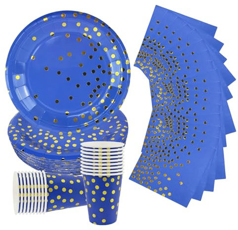 52P Blue and Gold Foil Polka Dots Tableware for Her/Him,Royal Blue and Gold Dot Plates Paper Cups and Napkins,Sparkling Dots Dinnerware Sets for Kids Birthday,Wedding Party Tableware