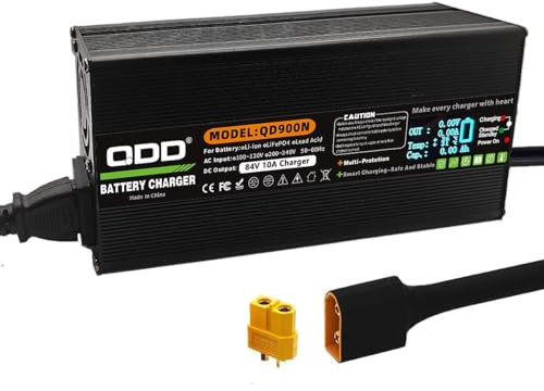 QDD 84 V 10 A Batterieladegerät, schwarzes Aluminiumgehäuse, sicher und langlebig, verwendet für 20S 72 V Lithiumbatterie, intelligentes Ladegerät, DC-Ausgang, XT60-Stecker mit Ladeanzeige