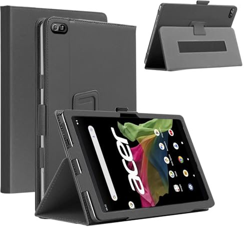 CONAPIKA Funda para Acer Iconia Tab A10-21-A43P/A10-21-A3YW 10.1 Pulgadas, PU Protectora Carcasa con Soporte Función, Anti-Caída Carcasa con Soporte para Lápiz y Correa para la Muñeca, Negro