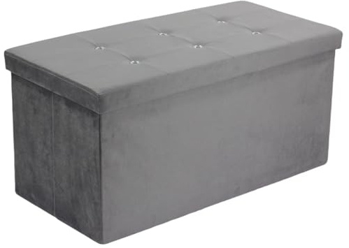 simpa Large Fold Flat Light Grey Brushed Velvet Ottoman Storage with Thick Comfortable Cushion - 76cm (L) x 38cm (W) x 37cm (H)