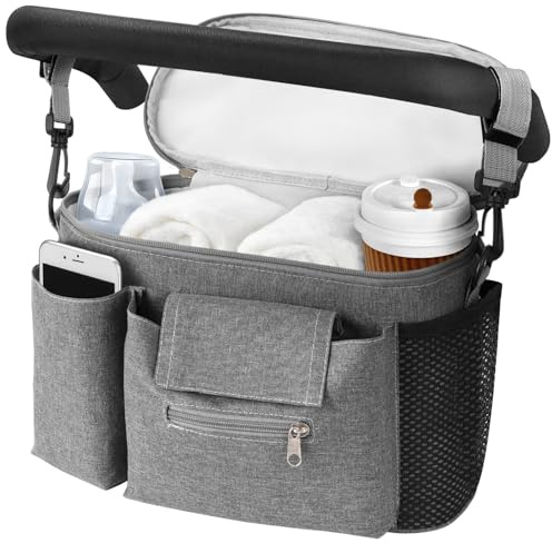 HOTUT Kinderwagen Organizer, Universal Kinderwagentasche mit Isolierte Getränkehalter,Wasserdichte Kinderwagen Tasche, Verstellbarer Schultergurt,Windeltasche mit großer Kapazität für Handys(Grau)