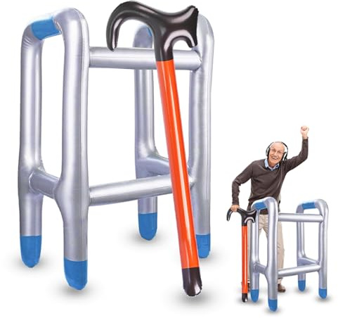 Rollator Aufblasbar+Aufblasbare Gehstock Set,Aufblasbarer Spazierstock,Aufblasbare Kostüme für Oma oder Opa Karneval Fasching oder Rente Geburtstag Cosplay,Lustiges Geschenk