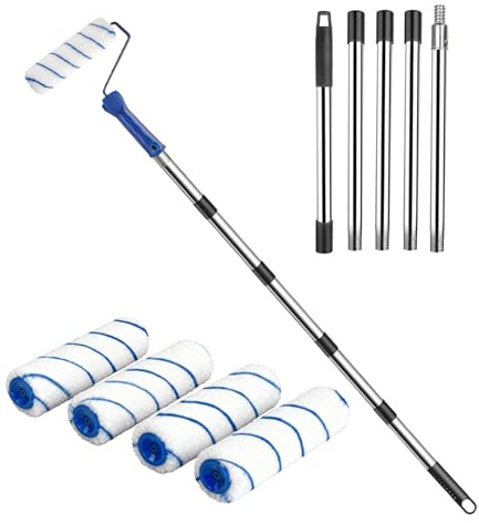 Farbroller Set 2M+ – Malerrolle mit Teleskopstab, Farbroller Wandfarbe inkl. 4 Malerrolle Groß 23cm, ausziehbarer Farbroller-Verlängerungsstab, Profi Malerwerkzeug für Wände & Decken