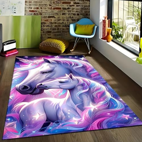 Teppiche mit 3D Cartoon Einhorn Print für Kinder Mädchen Jungen Schlafzimmer Flur Esszimmer Rutschfeste Bodenmatte für Kinder Baby Krabbeldeck Rosa Lila Gelb Wohnzimmer Matte (Multi 6,120x180 cm)