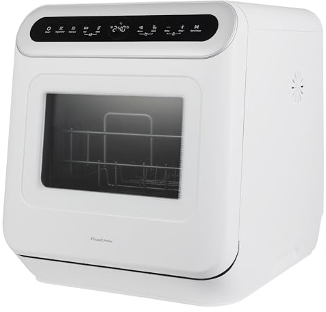 Russell Hobbs Table Top Dishwasher Mini Compact with 3 Place Settings, LED Display, Touch Control, 6 Programmes, Portable & Efficient, Self-Cleaning Function, No Plumbing in White RH3TTDW0D1W