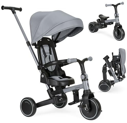 KikkaBoo Dreirad ab 1 Jahr mit Schubstange 8-in-1 ALUMA, Faltbares Kinderfahrzeug mit Drehbarem Sitz, 5-Punkt-Gurt, Aluminiumrahmen, Grau