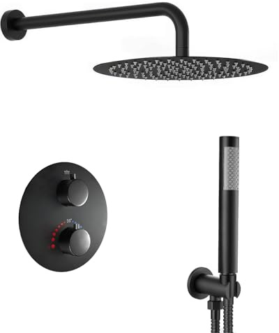 SaniteModar Ducha Empotrada con Termostato, Negro Mate | Ducha lluvia redonda, manguera 1,5m; boquillas silicona fáciles limpieza; diseño oculto; sin dañar pared reparaciones