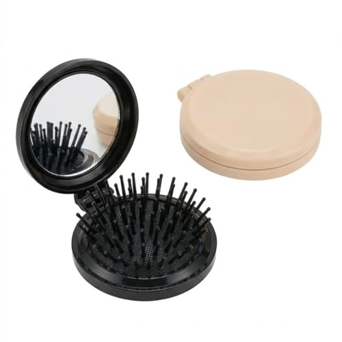 YIPFEN Lot de 2 Brosses à Cheveux Pliables avec Miroir de Voyage Compact, Mini Brosse Cheveux pour Hommes, Femmes et Filles – Couleurs Noir et Beige