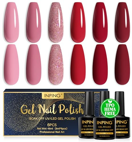 INPING Gel Nail Polish TPO-FREE Pink Red 6 Colors UV LED Nail Varnish 8ML | Spring Summer Winter Classic Popular Glitter Nail Varnish Kit Nail Polishes for Women DIY Manicure Gift