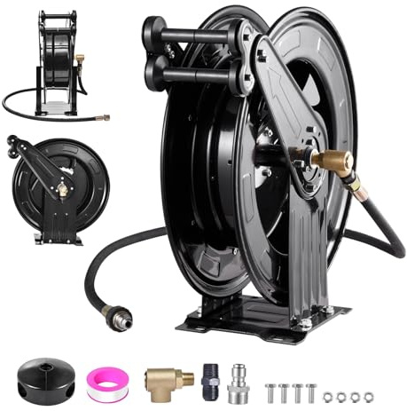ZENVOKE Pressure Washer Hose Reel - Automatic Retractable 15m x 1.5cm Steel Hose Reel - 4000PSI Gentle Return | For Workshop Floors, Yard and Garage Cleaning