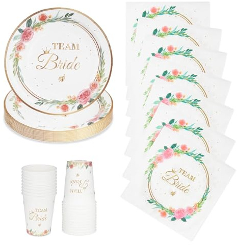 72Pcs Team Bride Hen Party Plates Cups Napkins, Disposable Bridal Shower Decorations, 7 Inch Paper Plates & 2-ply Napkins, Pink Rose Gold Floral Tableware Set for Bachelorette Party Decorations