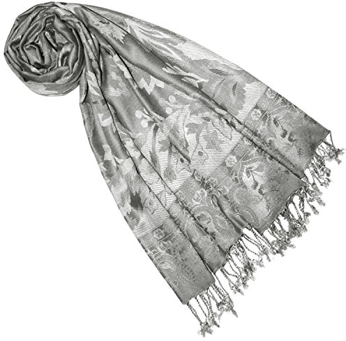 Lorenzo Cana Marken Pashmina Damen Schal Naturfaser Floral Blumen Stola Schaltuch Tuch Stola Grau Silbergrau Hellgrau 70 cm x 210 cm - 7844877