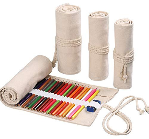 DUBENS Farbige Bleistift Halter Fall, Slots Leinwand Wrap Pouch Federmäppchen Set für Kinder und Erwachsene, Reise Zeichnung Färbung Rolle Organizer (Weiß, 48 Holes)