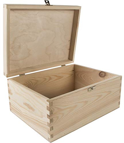 WooDeeDoo Medium Rectangular Wooden Storage Box with Lid and Clasp – 28 x 21 x 13 cm – Plain Pine Memory Keepsake Craft Chest for DIY Gifts Decoration Pyrography Engraving