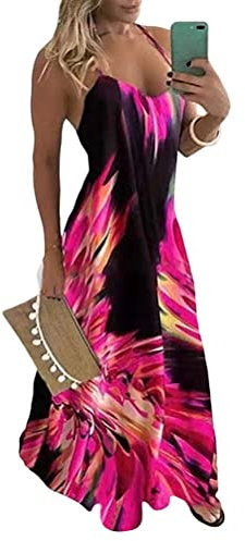 ORANDESIGNE Robe Longue Boheme Chic Robe de Plage d’été Col V Robe Longue Boheme Robe Longue Fluide Robe Longue Femme ete B Rose Rouge 40