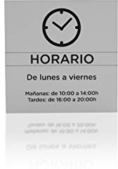 Placa de plástico para Exterior e Interior Grabada con láser y Personalizada con el Horario de tu Empresa o Negocio. Elige Cinta atoadhesiva Ultra Fuerte. Grosor 1,5mm. Diseño Reloj