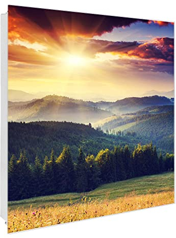 banjado® Großer Schlüsselkasten Glas/Schlüsselbox 30cm x 30cm mit 50 Haken - Motiv Karpaten Sonnenuntergang/Schlüsselkasten modern für Schlüsselaufbewahrung mit beschreibbarer, magnetischer Glastür
