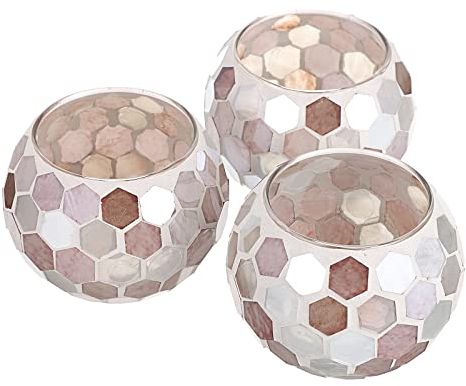 BSTKEY Set mit 3 Mosaikglas-Teelichthaltern, dekorativer Votivkerzenständer, runde Kerzen-Mittelstücke für Tisch, Hochzeit, Party, Heimdekoration (Hellbraun)