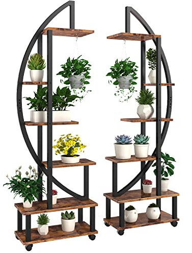 FRIZIONE 2 Pcs 6 Tier Tall Metal Indoor Plant Stand with Hanging Loop, Plant Shelf Holder for Outdoor Clearance, Half-Moon-Shaped Multi-Purpose Plant Stands for Home Decor, Balcony, Patio, Garden