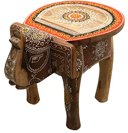 Gall&Zick Elefanten Hocker Beistelltisch Blumenbank Dekotisch Pflanzenständer Mangoholz Handbemalt Orientalisch Indisch Handarbeit Mandala (Orange)