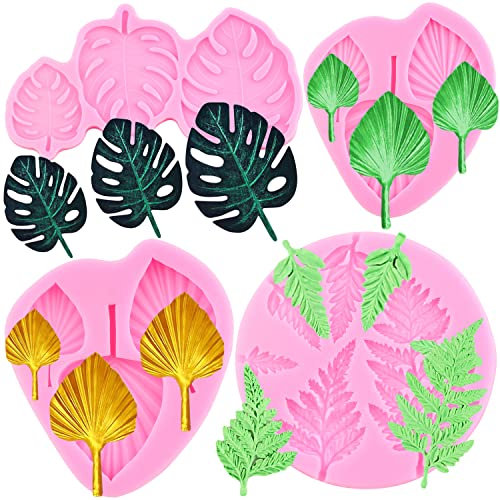 ZiXiang Silikonform mit Fächerblättern, Motiv: tropische Monstera-Blätter, Farnblätter, Süßigkeitenform für Schokolade, Gummipaste, Cupcake-Topper, Kuchendekoration, 4 Stück