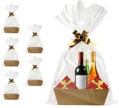 Cesta para regalos vacía, 5 piezas resistente de bricolaje a granel cesta de regalo Kraft bandeja de cartón con asas, kit de cesta de regalo suministros para llenar para vacaciones, cumpleaños,