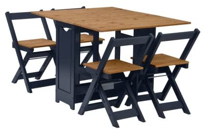 Drop Leaf Dining Table 4 Chairs Extendable Extending Wooden Furniture Small Space Saving Breakfast Pine Top Folding Away Fold Out Kitchen Stools Farmhouse Kitchen Butterfly Dining Set Pine & Blue