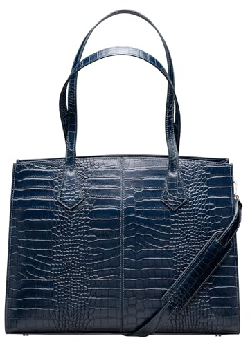 Su.B Damen-Arbeitstasche mit Laptopfach – Für 14 und 13 Laptops, Italienisches Leder mit Krokodilmuster, Modernes Design mit Trolleyriemen - Blau