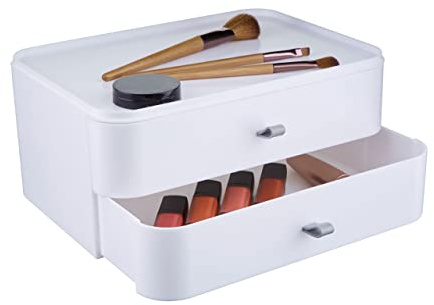 Premier Housewares White Cosmetics Organizer/Makeup Storage Box With 2 Pull Out Drawers/Stylish Plastic Makeup Organizer W26 x D19 x H12cm/ Compartment Box
