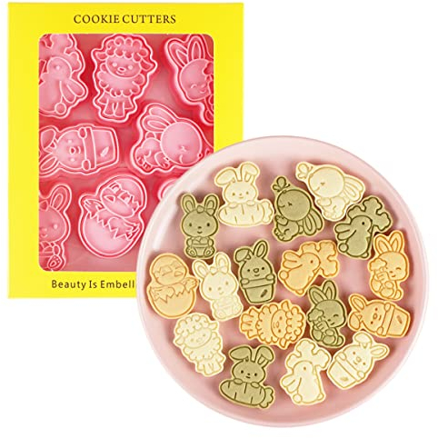 Juego de 8 piezas de cortadores de galletas de conejo de Pascua de dibujos animados, molde de galletas de conejo, herramientas de cocina, prensa de galletas de plástico (Pascua 0209B)