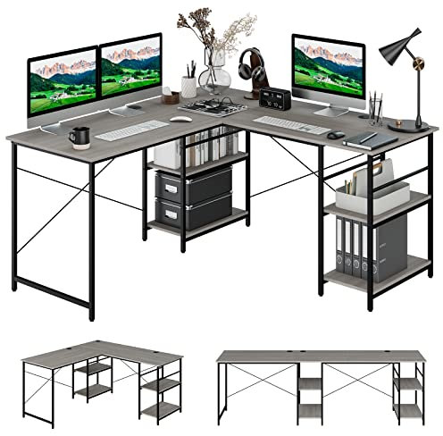 COSTWAY Escritorio de Ordenador en Forma de L, 3 Orificios para Cables, 4 Estantes, 2 Formas, Mesa de Trabajo de 2 Personas,Mesa Escritorio Esquina Gaming, 242x60x75cm(Gris, Estante)