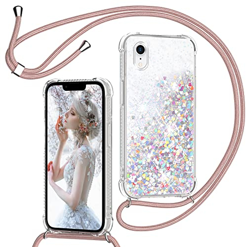 TUUTPU Handyband für iPhone XR Hülle mit Band, Glitzer Treibsand Handyhülle mit Kordel zum Umhängen Transparent Stoßfest Schutzhülle mit Kette Schnur, Quicksand Necklace Case in Roségold